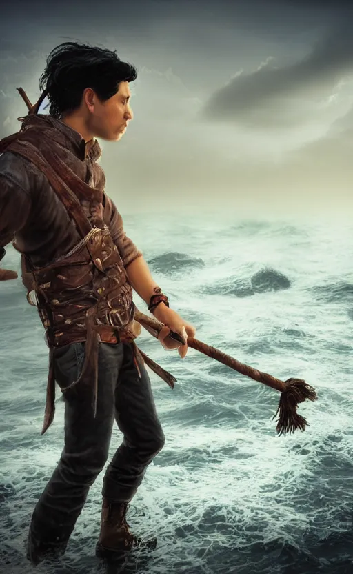 Image similar to photographic portrait of young adult male wizard from the waist up with black hair wearing a brown jerkin and bandolier and wielding an intricate wooden staff in front of a castle or stone structure or rock tower and turrets by the sea, photorealistic, dramatic lighting, intense clouds, sharp detail, hyper realistic, foggy atmosphere, intense facial expression, octane render, ocean waves crashing, rule of thirds, no really put a castle in there