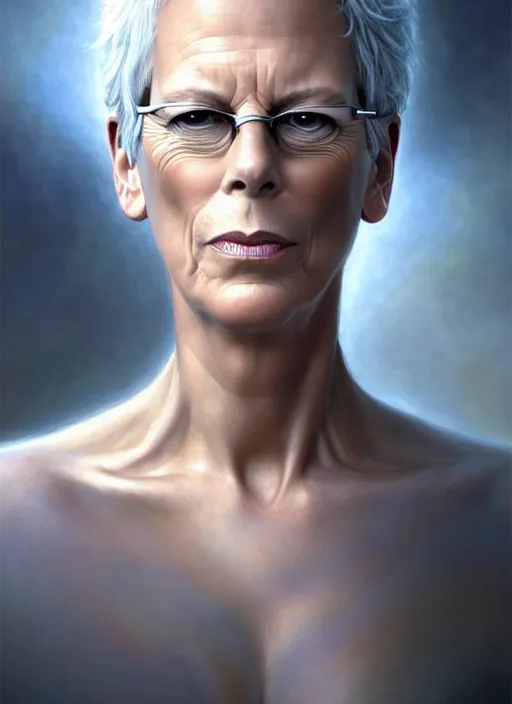 Image similar to jamie lee curtis an angel, aesthetic, fine art, intricate, elegant, highly detailed, realistic hair, centered, digital painting, art station, conceptual art, soft, sharp focus, illustration, artwork, artgerm, tomasz alen kopera, peter mohrbacher, donato giancola, wlop, boris vallejo