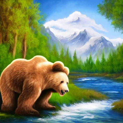 Prompt: bob ross riding on the back of two bears across a river, a colorized photo by bob ross, shutterstock contest winner, fantastic realism, bob ross, national geographic photo, majestic