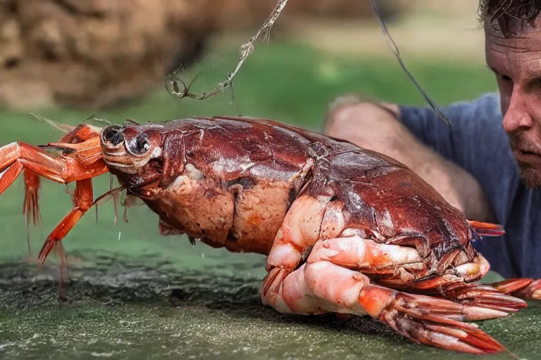 Prompt: an animal trainer fights a shrimp twice his size, Highly detailed, Cinematic. Balanced. 4k, Realistic, detailed.