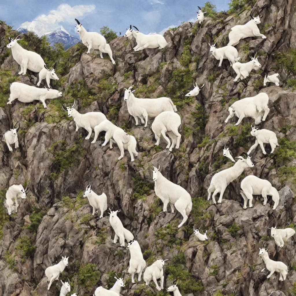 Prompt: mountain goats on a sheer cliffside, expressive, hyperrealism, photorealistic