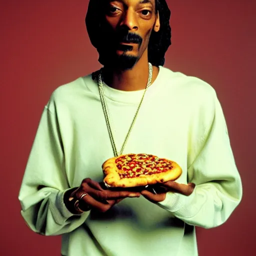 Prompt: Snoop Dogg holding a piece of pizza for a 1990s sitcom tv show, Studio Photograph, portrait, C 12.0