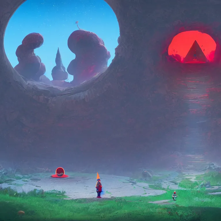 Image similar to a gnome standing in front of a circular portal, open to a red world. Detailed digital matte painting in the style of simon stalenhag