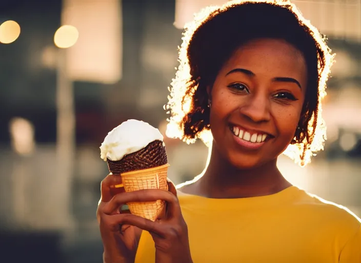 Image similar to a 3 5 mm photo of a young black woman holding an ice cream cone, splash art, movie still, bokeh, canon 5 0 mm, cinematic lighting, dramatic, film, photography, golden hour, depth of field, award - winning, anamorphic lens flare, 8 k, hyper detailed, 3 5 mm film grain