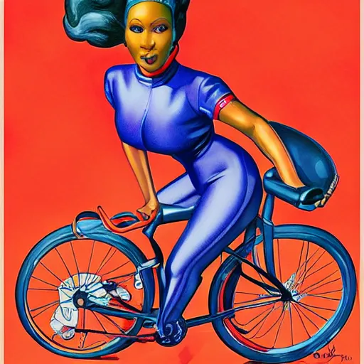 Prompt: portrait of nicki minaj riding a bicycle in summer, soviet propaganda poster, colored, artgerm, highly detailed