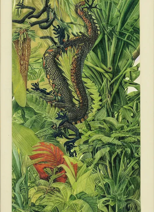 Image similar to dragon in a tropical forest, john james audubon, ernst haeckel, intaglio, sharp focus