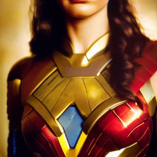 Prompt: portrait close up of gal gadot in ironman suit , kodak portra by master