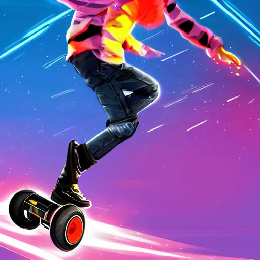 Prompt: a guy on an hoverboard firing a railgun while driving on a rail artstation contest winner, digital art, colorful, cool colors, realistic image, concept art style