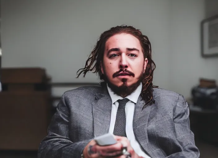 Image similar to dslr photo still of post malone as a stock broker, 8 k, 8 5 mm f 1 6