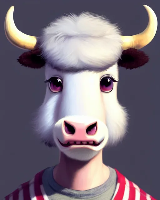 Image similar to character concept art of a cute young male anthropomorphic furry cow | | cute - fine - face, pretty face, key visual, realistic shaded perfect face, fine details by stanley artgerm lau, wlop, rossdraws, james jean, andrei riabovitchev, marc simonetti, and sakimichan, trending on artstation