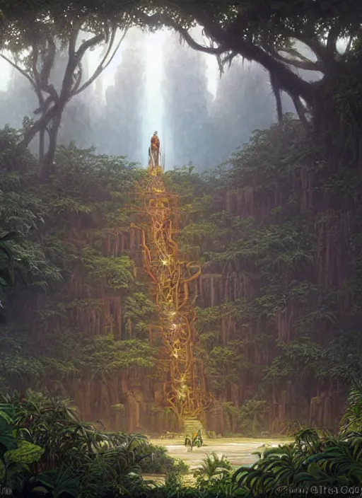 Image similar to a shaman sitting in the jungle, with giant faces of ancestors behind him, hyper detailed, art by christophe vacher