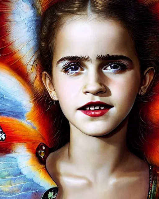 Prompt: very complex hyper-maximalist overdetailed cinematic tribal fantasy closeup macro portrait of a heavenly beautiful cute young Emma Watson with windblown hair and butterfly wings, Magic the gathering, pale skin and dark eyes and red lipstick ,flirting smiling, vibrant high contrast, by andrei riabovitchev, tomasz alen kopera,moleksandra shchaslyva, peter mohrbacher, Omnious intricate, octane, moebius, arney freytag, Fashion photo shoot,, glamorous, tattoos,shot in the photo studio, professional studio lighting, backlit, rim lighting, Deviant-art, hyper detailed illustration, 8k