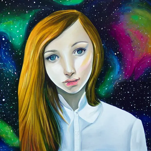 Image similar to painting, girl with beautiful face in white shirt, vast spaces, cosmic background