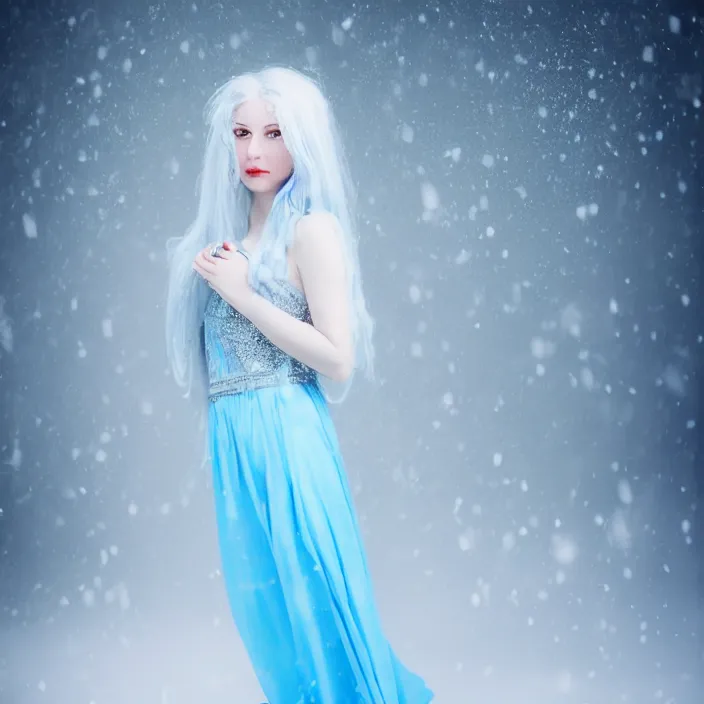 Image similar to full body portrait of a stunningly beautiful woman with pale blue hair wearing a long white dress made out of snowflake in the middle of a heavy snowstorm. she looks almost dead because of how pale she is. by maromi sagi