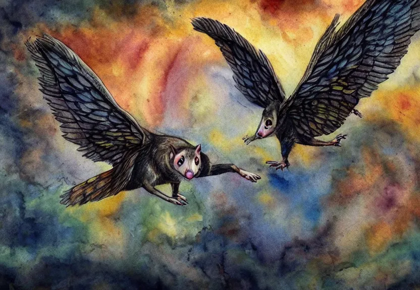 Prompt: the legendary colorful winged possum is flying over a medieval castle under the dark starred sky, dark fantasy, watercolor, dreaming illusion, highly detailed, 4k, trending on Artstation, award-winning