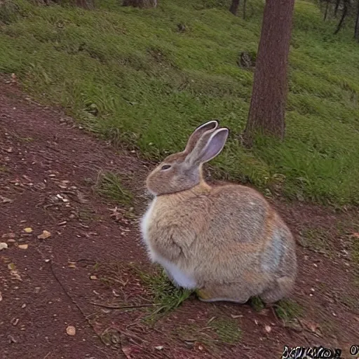 Prompt: fat rabbit smoking a cigarette, trail cam footage