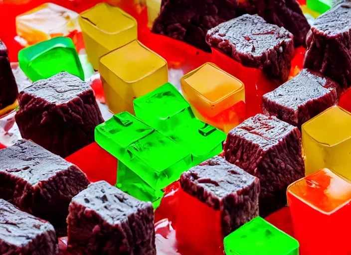 Image similar to dslr food photograph of a jello mold filled with cubes of beef, 8 5 mm f 1. 8