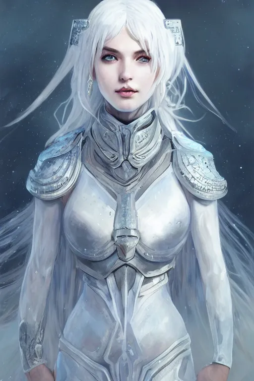 Image similar to portrait white hair knights of zodiac girl, matt white ice color armor, in ruined agora of athens, ssci - fi and fantasy, intricate and very very beautiful and elegant, highly detailed, digital painting, artstation, concept art, frostbite engine, smooth and sharp focus, illustration, art by tian zi and wlop and alphonse mucha