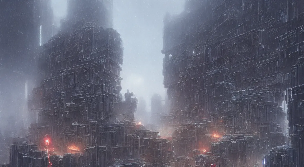 Prompt: highly detailed brutalist architecture city, star wars imperial style, while it's snowing, stephen bliss, unreal engine, fantasy art by greg rutkowski, loish, rhads, ferdinand knab, makoto shinkai, ilya kuvshinov, rossdraws, global illumination, radiant light, detailed and intricate environment