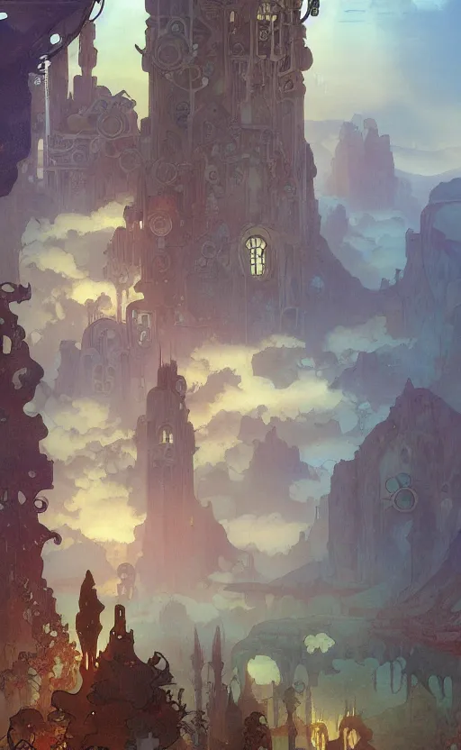 Prompt: A beautiful landscape painting of steampunk landscape by Alfons Maria Mucha and Julie Dillon and Makoto Shinkai