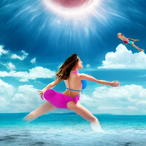 Image similar to 4 k photo of girl in bikini flying in space, background in space