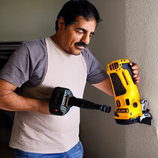 Image similar to latino man using cordless power tool made by dewalt