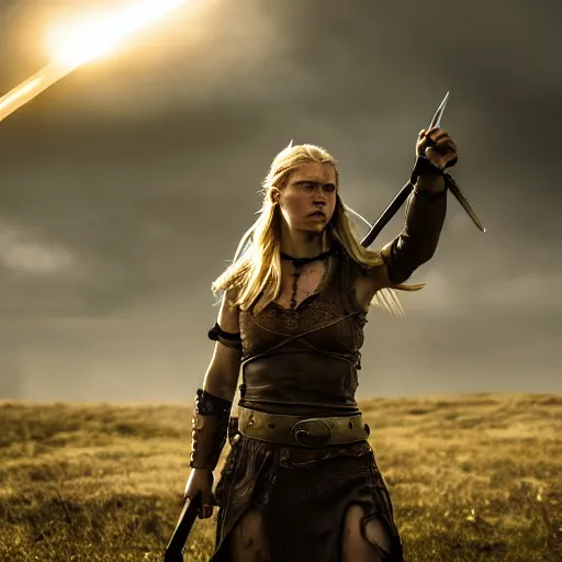 Image similar to a photograph of viking shield maiden in the battlefield, action movie, movie still, cinematic, filmic, dramatic, volumetric light