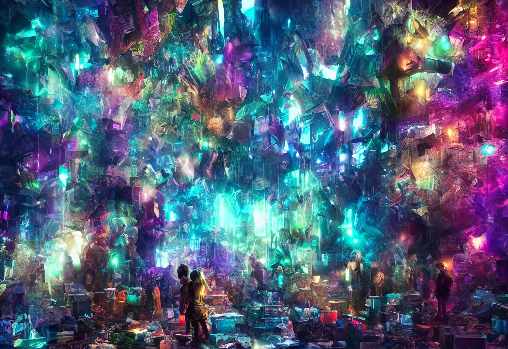 Image similar to cinematic shot epic hall of creatives, walls of large moving images, hyper realistic, mood lighting, fantasy, detailed people creating colorful diverse art, highly detailed, super realistic, perfect lighting pixel sorting, style sheet