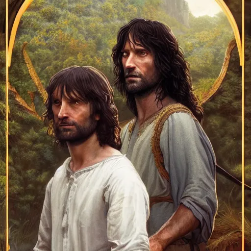 Image similar to Portrait of Aragorn and Erwan, marriage ceremony, golden hour, detailed matte painting, cinematic, Alan Lee, Artstation