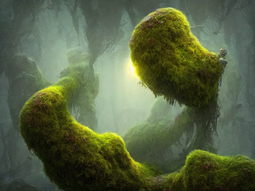 Prompt: a beautiful macro photography of moss with alien fungus, hyperdetailed, warm volumetric lights , made by Gerald Brom and Mike Winkelmann