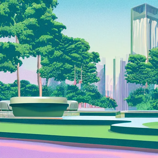 Image similar to art deco vaporwave illustration of a park with trees, benches, and a water feature, in a futuristic pastel city