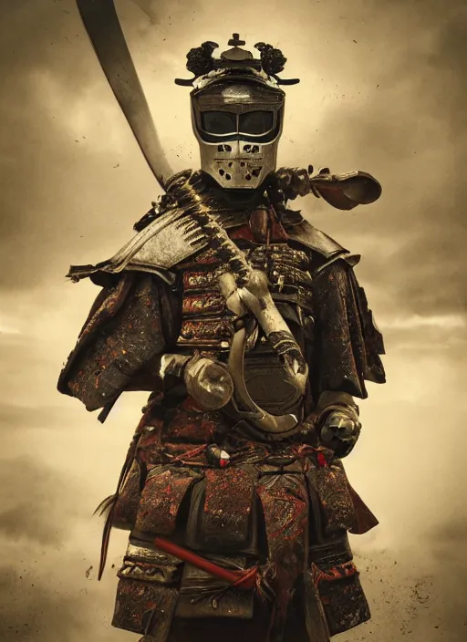 Image similar to samurai portrait photo, wearing mempo mask, after a battle, dirt and unclean, extreme detail, cinematic, dramatic lighting render, photorealism photo by national geographic, tom bagshaw, masterpiece