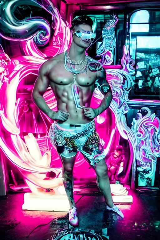 Prompt: full-body rococo and cyberpunk style neon statue of a muscular attractive Sean Mendezz wearing cholo shades macho dotado e rico android sim roupa reclining con las piernas abertas e la piroca dura, ethereal white dripping tar, glowing orange lasers, pink tigers, glowing eyes, silver prince crown, black gears, pink diamonds, swirling mint-colored silk fabric. futuristic elements. full-length view. human skulls. large intricate artwork by caravaggio. Trending on artstation, octane render, cinematic lighting from the right, hyper realism, octane render, 8k, depth of field, 3D