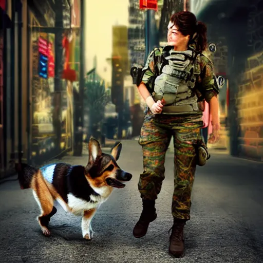 Prompt: female soldier with corgi sniffer dog in sci-fi city, digital art