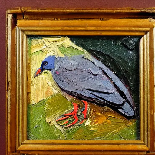 Prompt: oil paint impasto relief, beautiful wood pigeon, multi layered thick brush marks, in the style of ivan shishkin and frank auerbach and van gogh