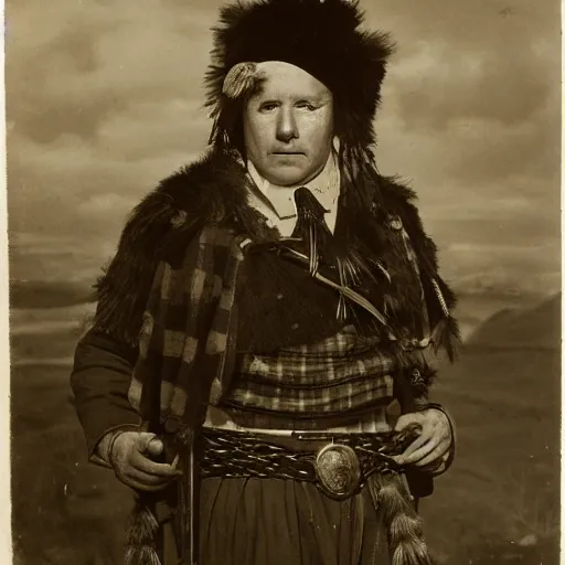 Prompt: a portrait of a Scottish laird, wearing a balmoral bonnet with a golden eagle feather.