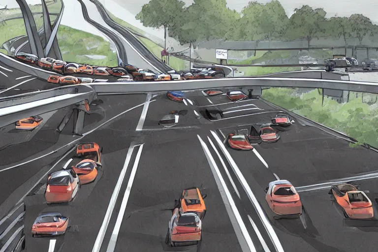 Prompt: a future of cars driving on unsafe rollercoaster highways illustrated by martin handford