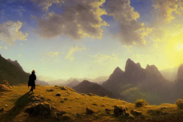 Image similar to a traveler wandering trough the mountains looking at the clouds, very detailed, focused, oil painting, cinematic lighting, albert bierstadt, trending on artstation, colorful, canvas, sunset, hans dahl, theodor kittelsen, hermann hendrich, national geographic, Konstantin Yakovlevich Kryzhitsky