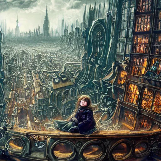 Image similar to a photo of young sad victorian gothic child with big eyes and wide grin sitting on a sofa of bones surrounded by a cyber futuristic cityscape made of human body parts by dan mumford, ultra detailed, 8 k resolution, beautiful lighting, expansive detailed layered city, landscape, 5 0 mm