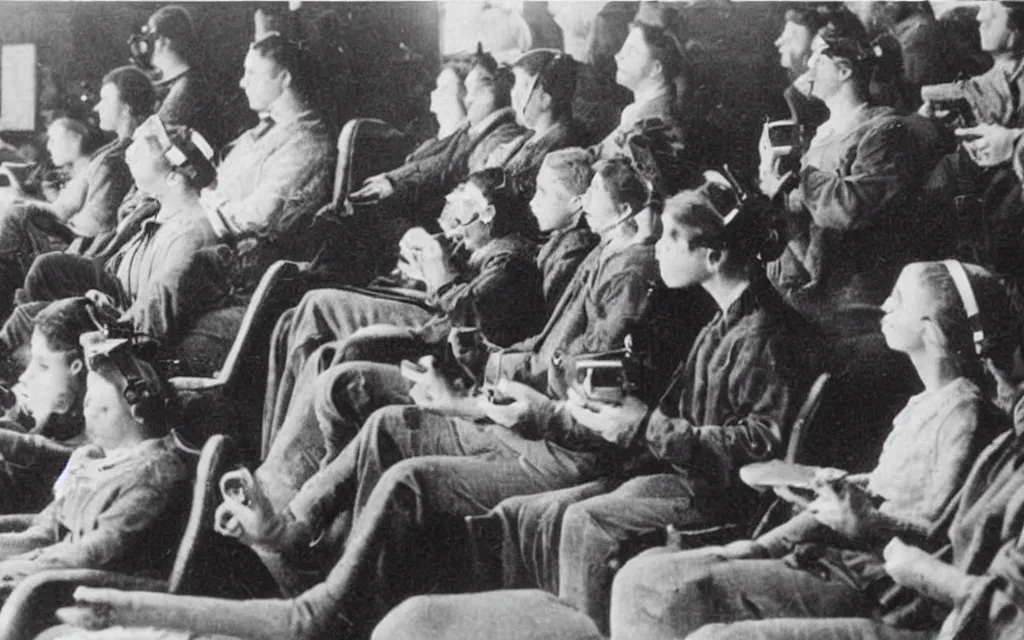 Image similar to 1 9 0 0 s photo of people using iphones ipods virtual reality headsets vr watching hd tv in a movie theater