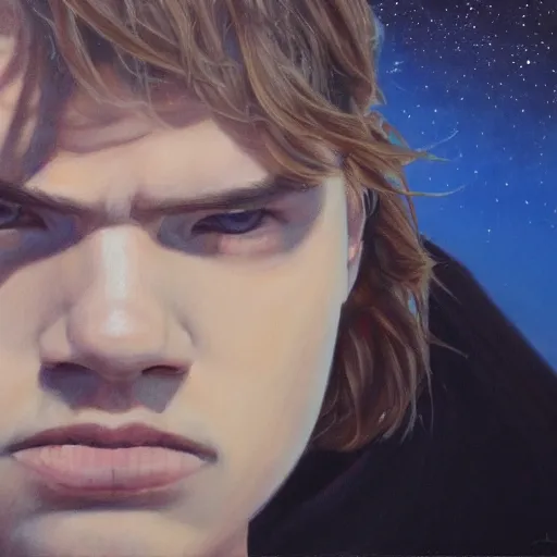 Prompt: anakin at the steps of the jedi temple, oil paint, art station, highly detailed, nighttime