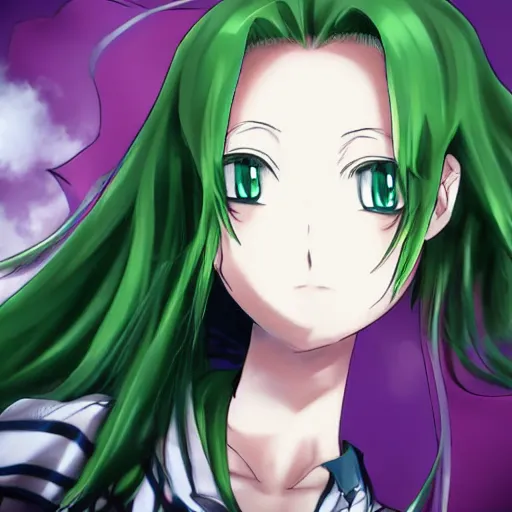 Prompt: anime girl with green hair, full head and hair in shot