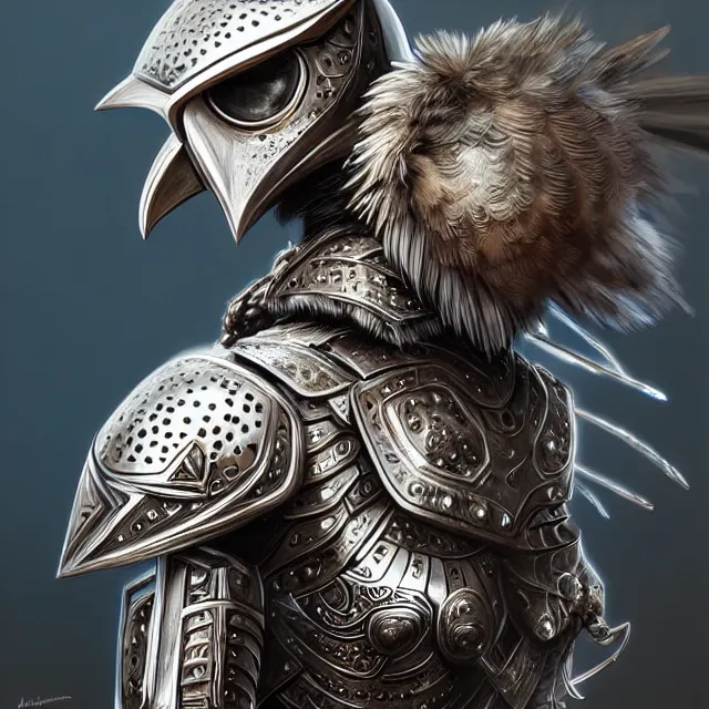 Image similar to warrior with metal owl armour, highly detailed, 4 k, hdr, smooth, sharp focus, high resolution, award - winning photo, artgerm, photorealistic