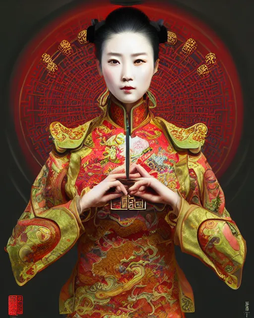 Image similar to portrait of a chinese cyberpunk machine, machine face, arms, upper half portrait, decorated with chinese opera motifs, regal, asian, fine china, wuxia, traditional chinese art intricate intense elegant 京 剧 highly detailed digital painting artstation concept art smooth sharp focus illustration, art by artgerm and greg rutkowski alphonse mucha 8 k