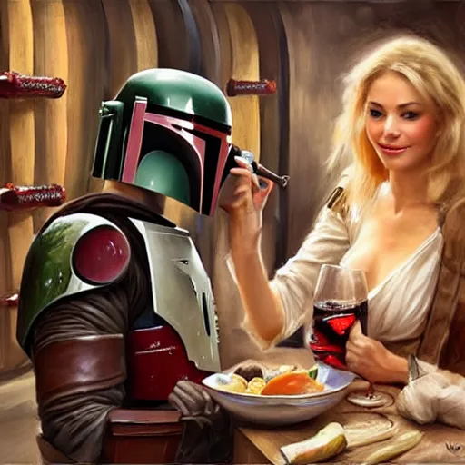 Image similar to Boba Fett and a beautiful young blonde drinking beer in a wine cellar, food, meat, schnapps, torches on the wall, romantic, inviting, cozy, painting by Vladimir Volegov