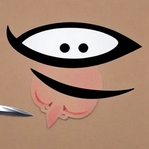 Image similar to vinyl designer toy, character head shaped as crescent moon, creepy smiling evil face with wrinkles, holds a small knife in hand