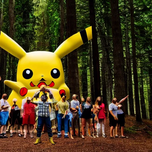 Prompt: a photograph of a group of people worshipping a giant pikachu in a forest. photo. photography. high quality. 4 k. 8 k