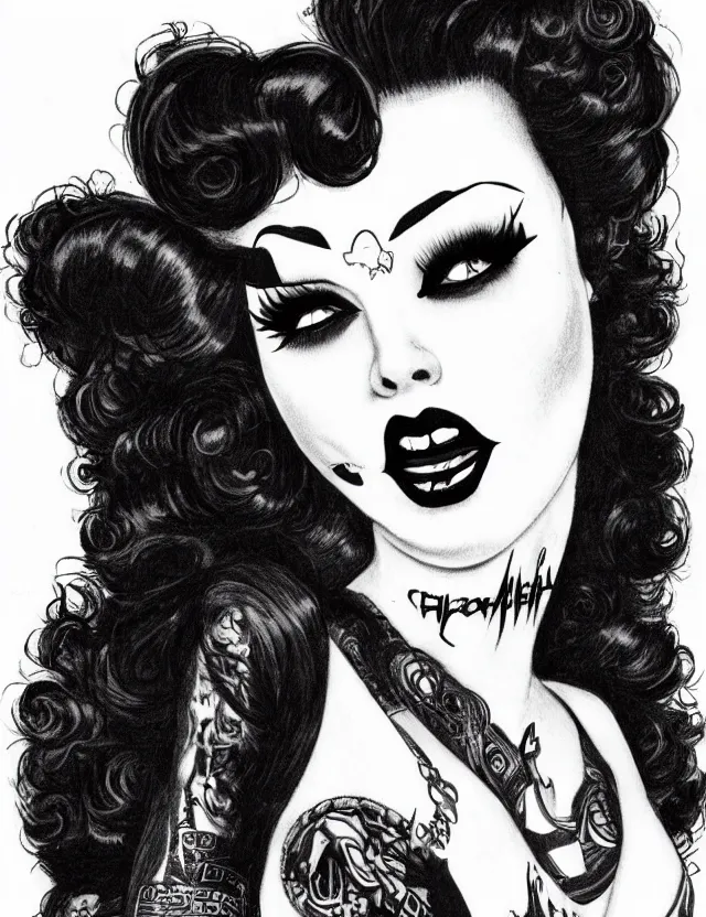 Image similar to of a goth girl burlesque psychobilly, rockabilly, punk, black hair, detailed face, white background, drawing, illustration