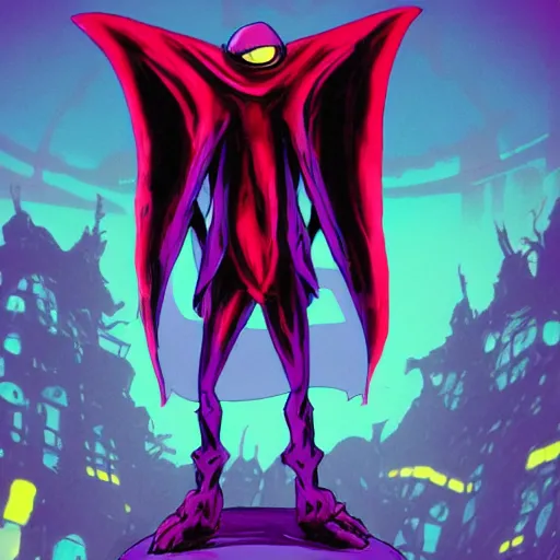 Prompt: concept art character with a vampire squid head and cape that is tall and thin that lives in an ocean setting in the apocalypse created for a new episode of rise of the teenage mutant ninja turtles on nickelodeon comic book dots with chromatic aberration and design influences from fret nice the video game