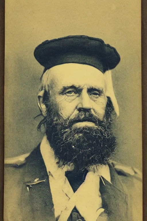 Prompt: a Cyanotype photograph of a grizzled old sea captain